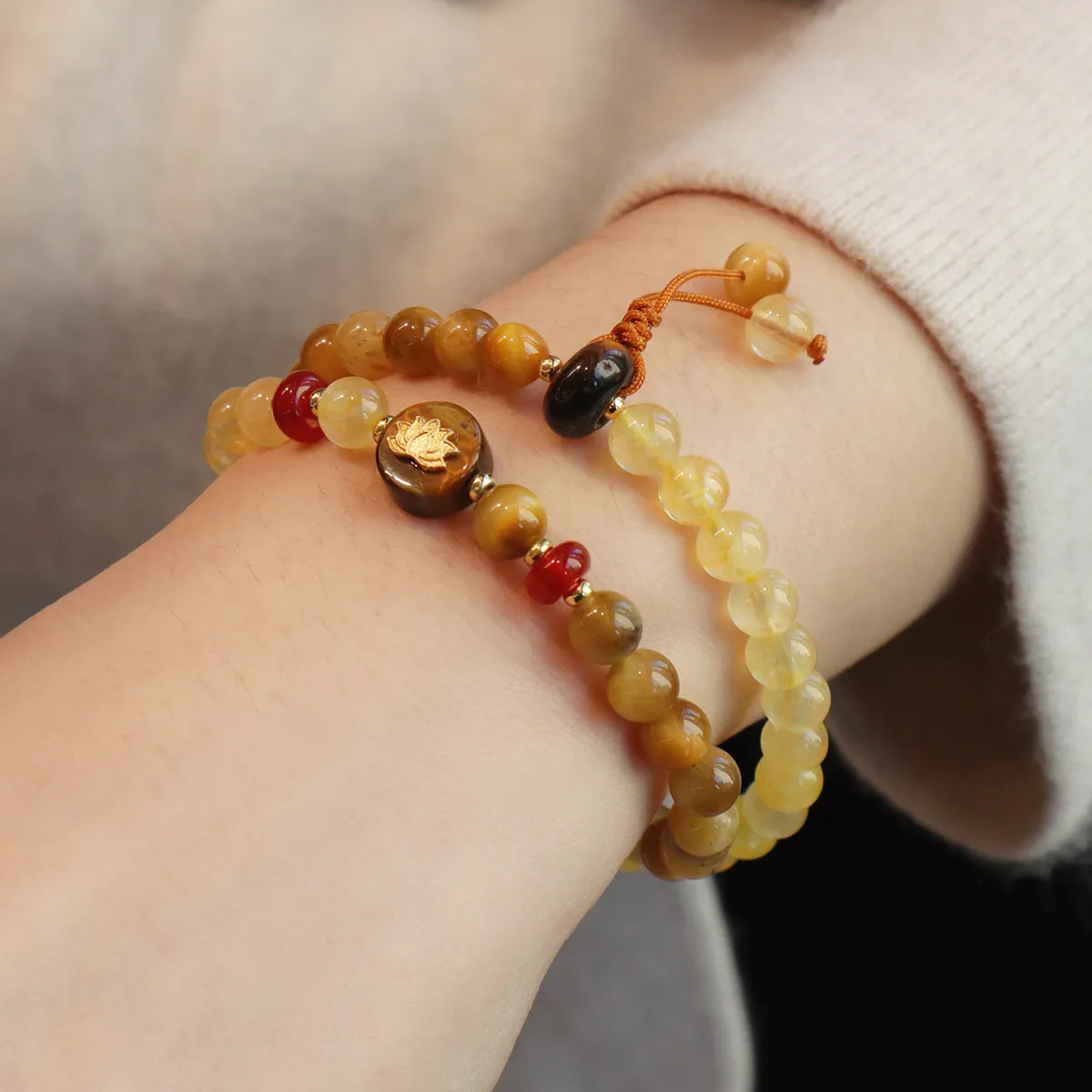 Natural Golden Tiger Eye and Citrine Crystal Double Wrap Bracelet with Lotus Charm, Healing Stone Mala Beads Yoga Meditation Jewelry for Women, Wealth and Luck Spiritual Amulet - Image 4