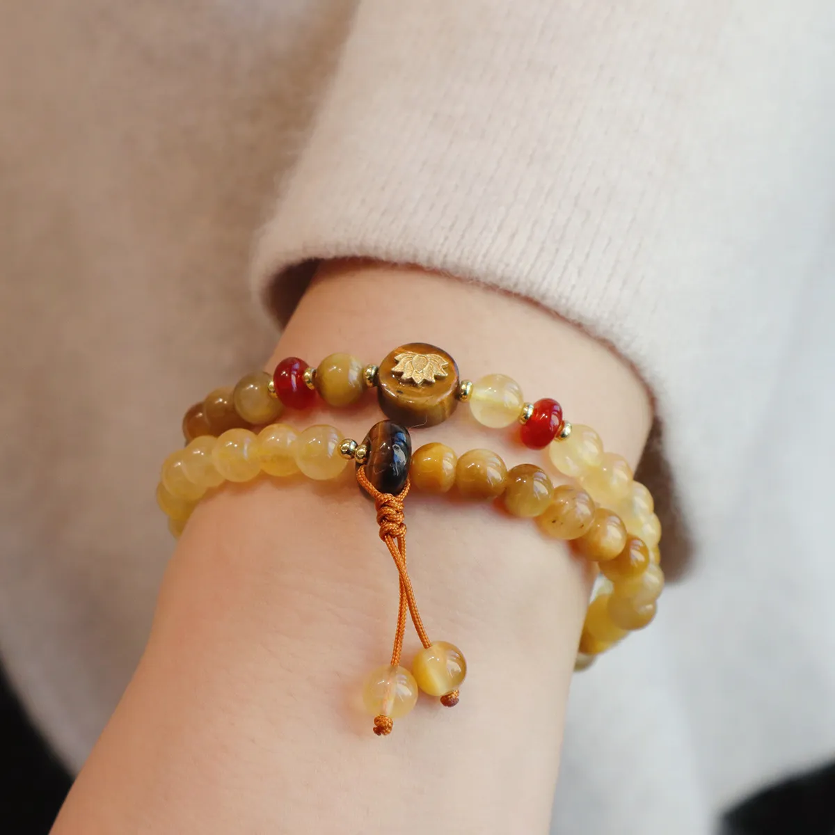 Natural Golden Tiger Eye and Citrine Crystal Double Wrap Bracelet with Lotus Charm, Healing Stone Mala Beads Yoga Meditation Jewelry for Women, Wealth and Luck Spiritual Amulet - Image 3