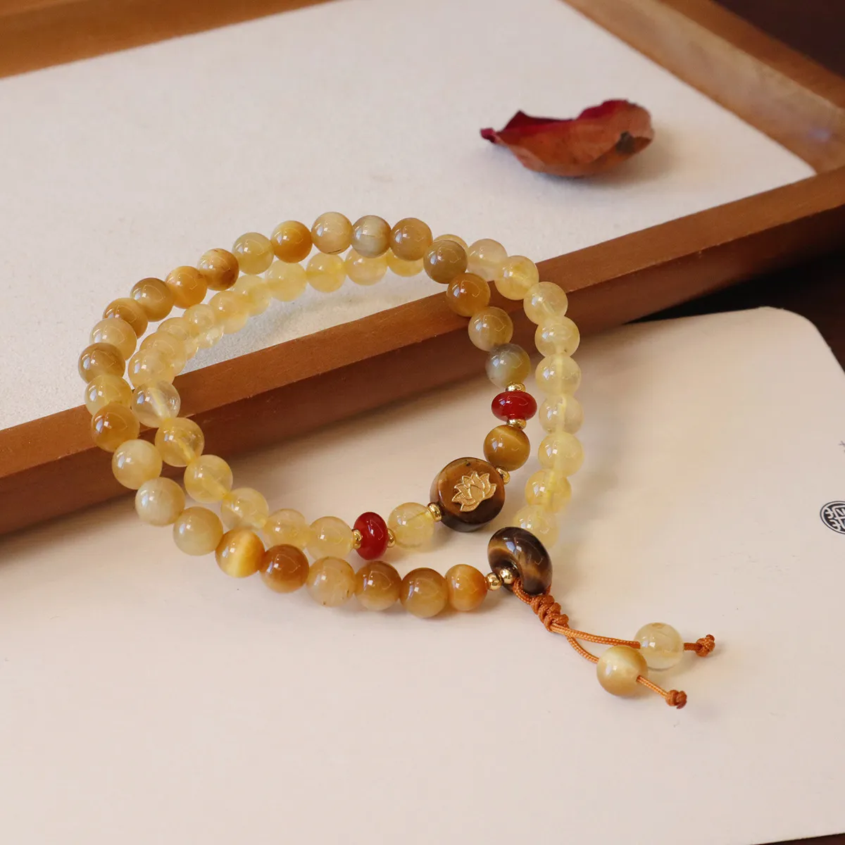 Natural Golden Tiger Eye and Citrine Crystal Double Wrap Bracelet with Lotus Charm, Healing Stone Mala Beads Yoga Meditation Jewelry for Women, Wealth and Luck Spiritual Amulet - Image 2