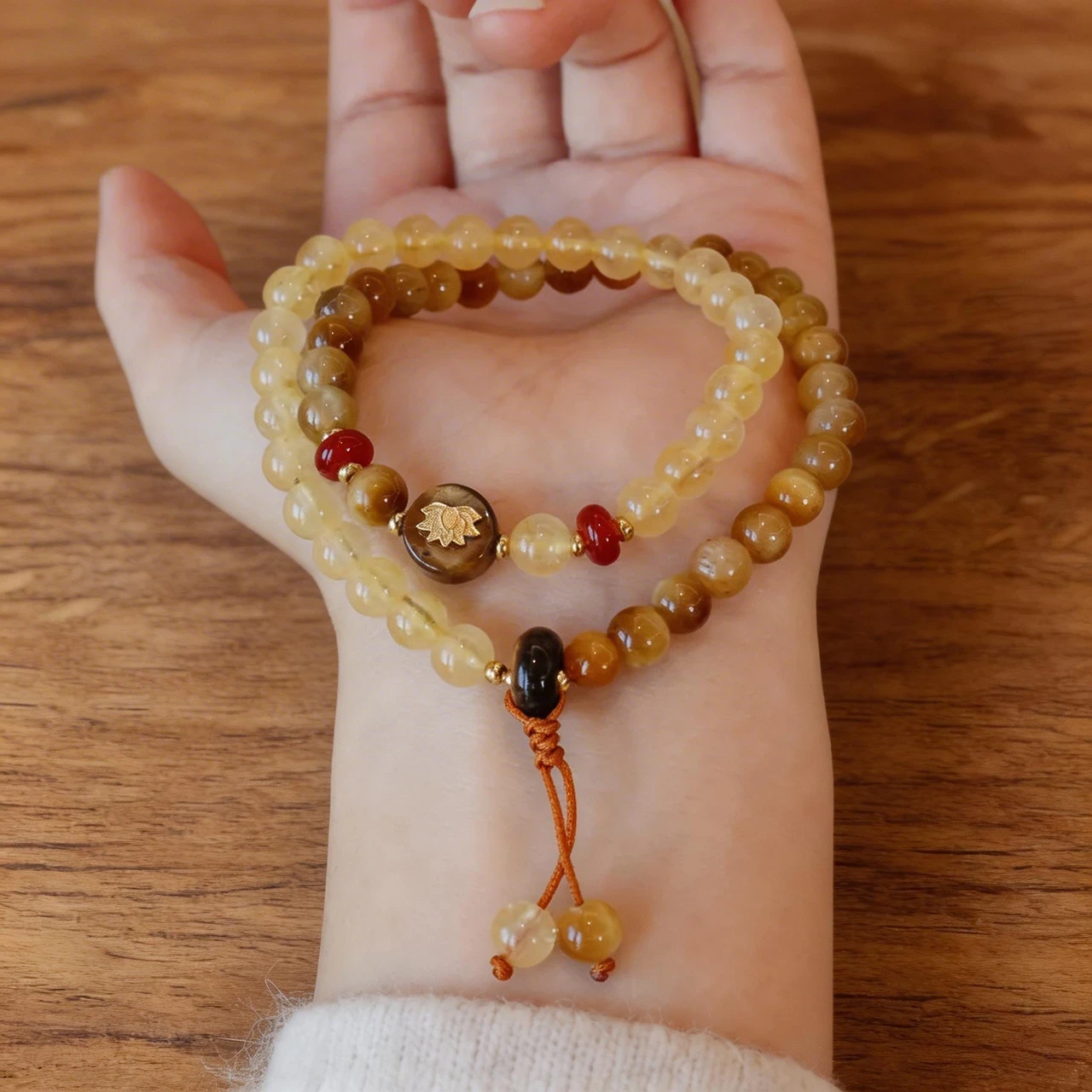 Natural Golden Tiger Eye and Citrine Crystal Double Wrap Bracelet with Lotus Charm, Healing Stone Mala Beads Yoga Meditation Jewelry for Women, Wealth and Luck Spiritual Amulet