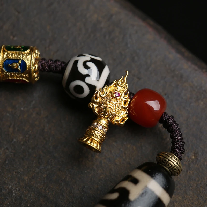 Natural Agate Dzi Bead Bracelet for Men Women, Vintage Tibetan Buddhist Hand-Woven Rope Amulet Bracelet with Red Agate Brass Charms, Spiritual Meditation Good Luck Jewelry Gift - Image 4