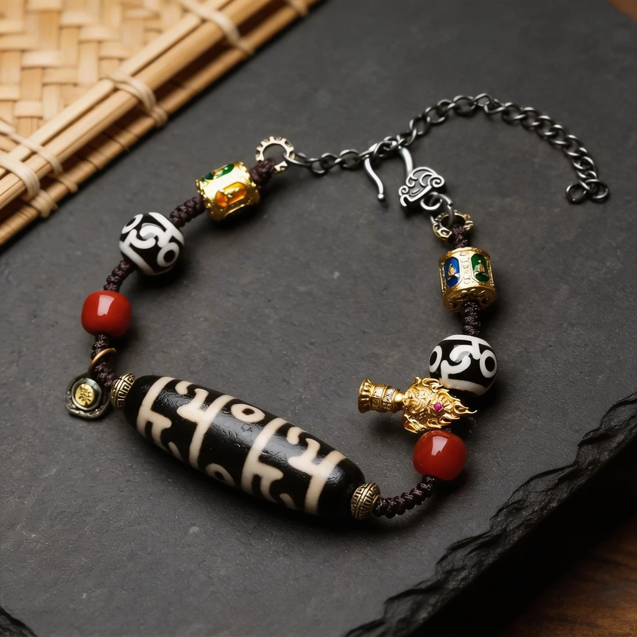 Natural Agate Dzi Bead Bracelet for Men Women, Vintage Tibetan Buddhist Hand-Woven Rope Amulet Bracelet with Red Agate Brass Charms, Spiritual Meditation Good Luck Jewelry Gift - Image 2