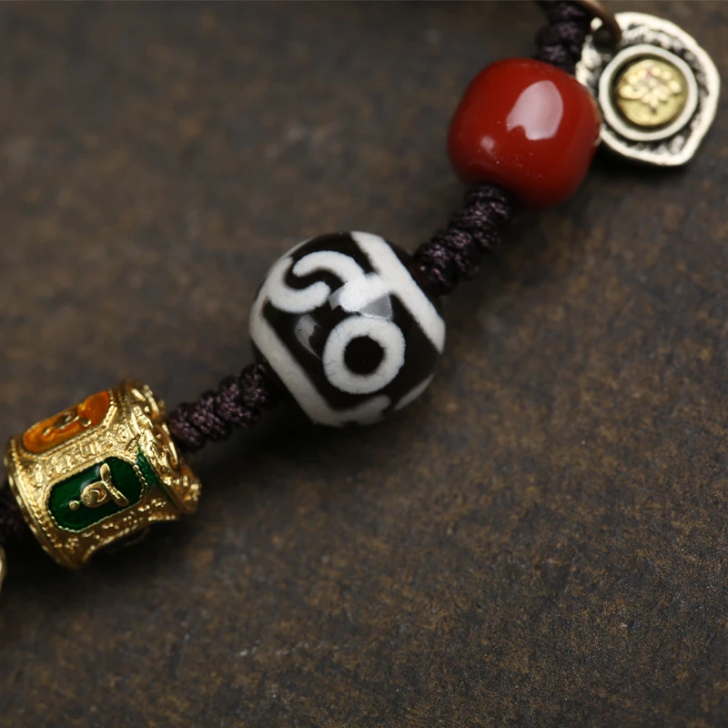 Natural Agate Dzi Bead Bracelet for Men Women, Vintage Tibetan Buddhist Hand-Woven Rope Amulet Bracelet with Red Agate Brass Charms, Spiritual Meditation Good Luck Jewelry Gift - Image 5