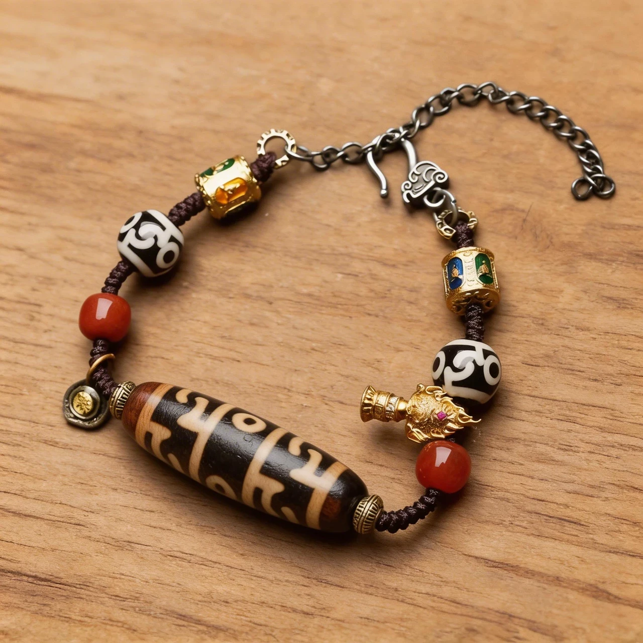Natural Agate Dzi Bead Bracelet for Men Women, Vintage Tibetan Buddhist Hand-Woven Rope Amulet Bracelet with Red Agate Brass Charms, Spiritual Meditation Good Luck Jewelry Gift