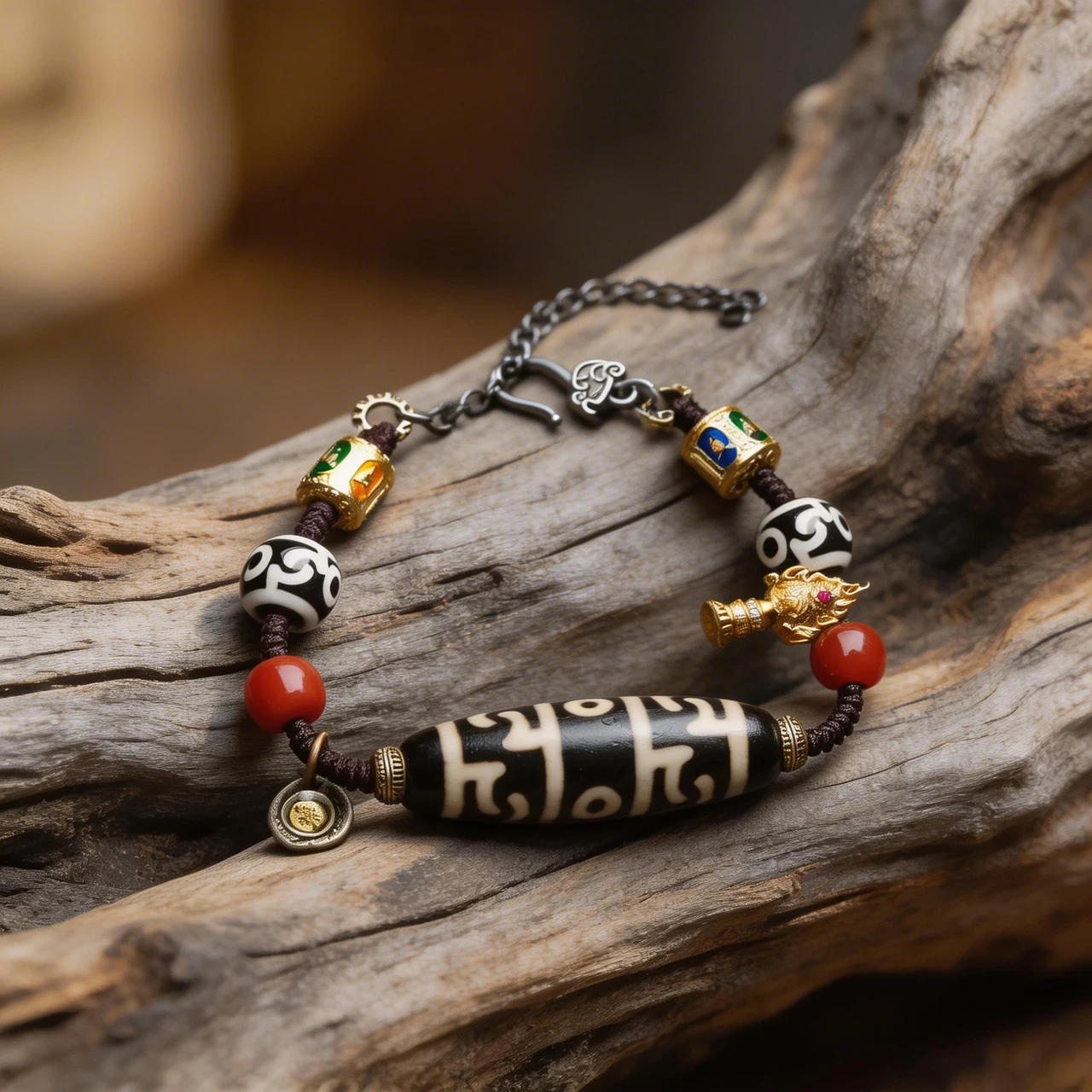 Natural Agate Dzi Bead Bracelet for Men Women, Vintage Tibetan Buddhist Hand-Woven Rope Amulet Bracelet with Red Agate Brass Charms, Spiritual Meditation Good Luck Jewelry Gift - Image 3