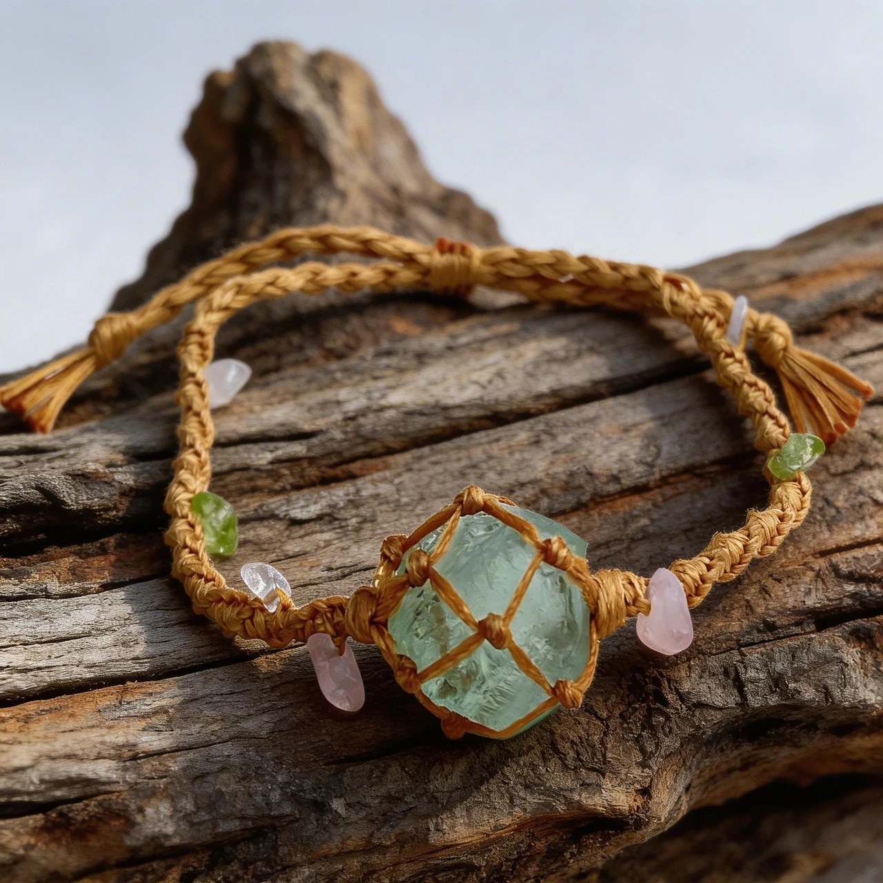 Handmade Natural Raw Fluorite Crystal Macrame Bracelet, Boho Hand Woven Net Healing Gemstone Rough Stone Braided Adjustable Rope Jewelry for Women Men - Image 2