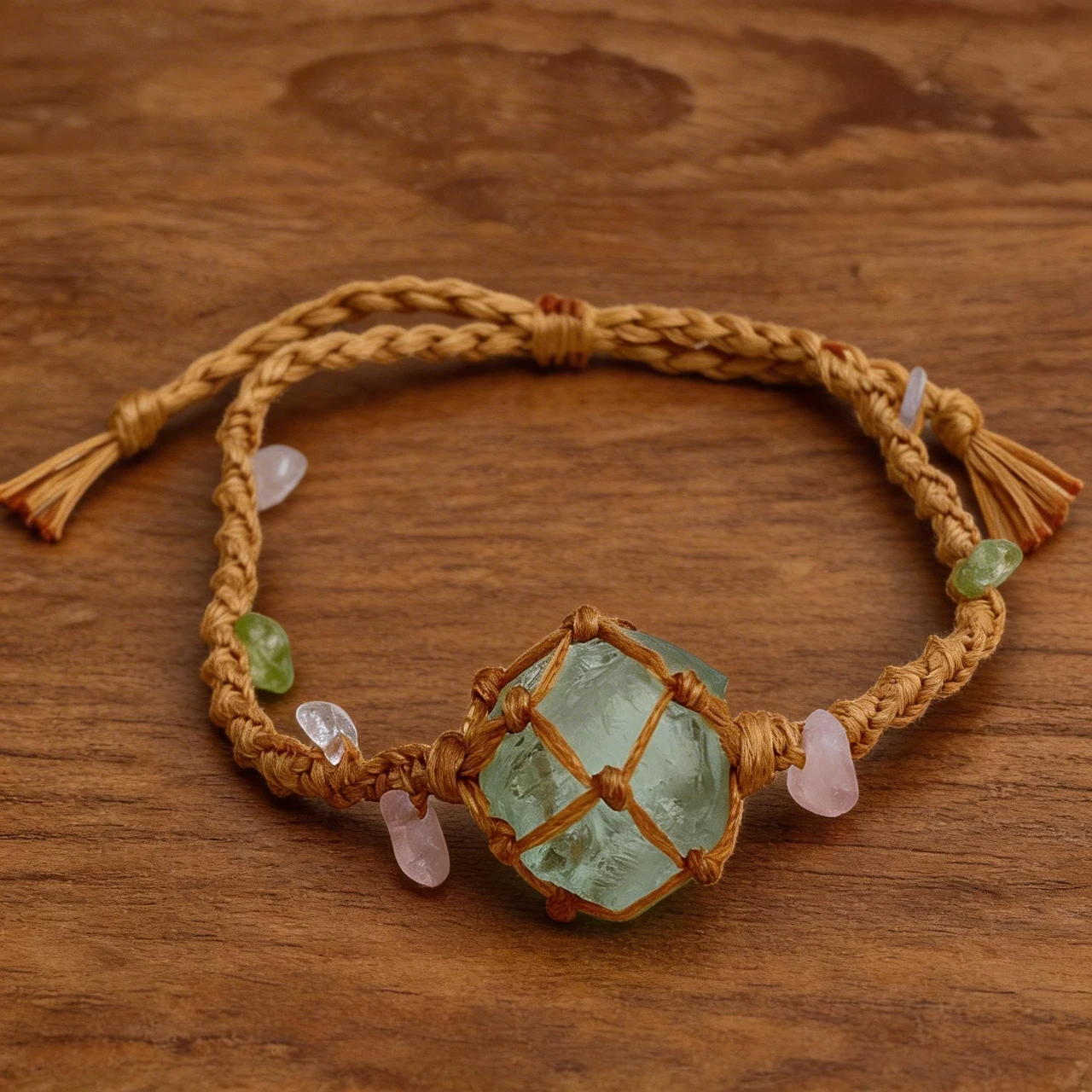 Handmade Natural Raw Fluorite Crystal Macrame Bracelet, Boho Hand Woven Net Healing Gemstone Rough Stone Braided Adjustable Rope Jewelry for Women Men