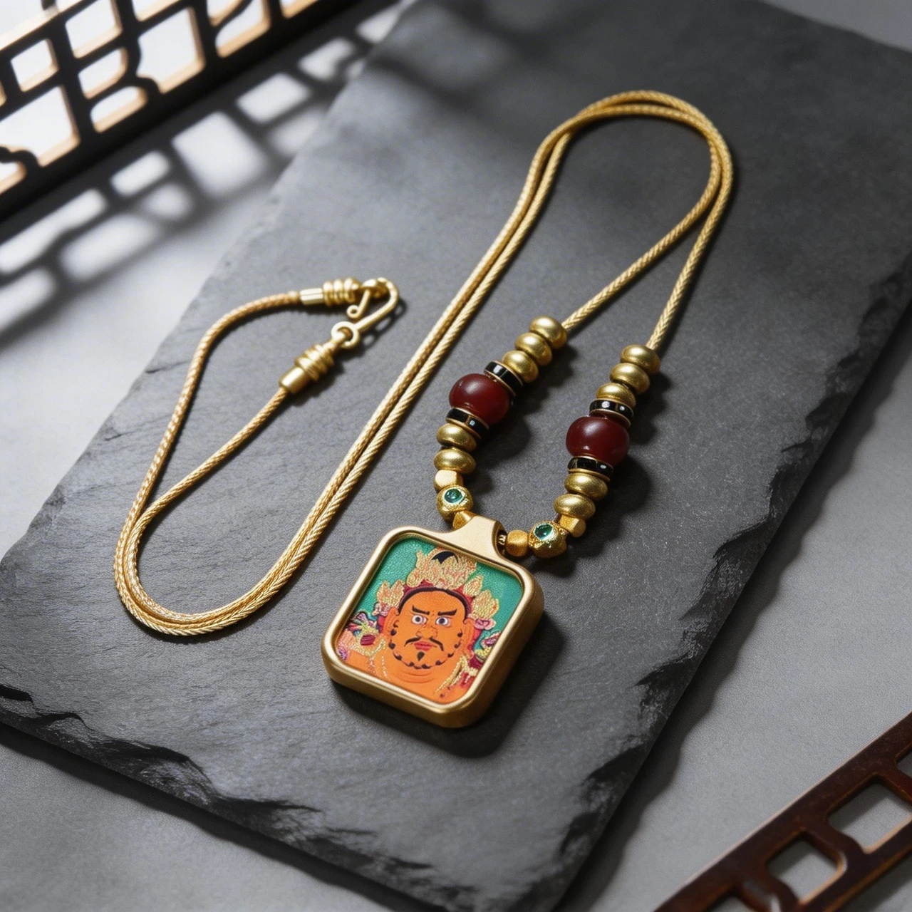 Tibetan Buddhist Necklace Thangka Pendant Yellow Dzambhala Wealth God Amulet Spiritual Protection Jewelry Vintage Ethnic Talisman with Braided Cord for Men Women Meditation Good Luck - Image 4