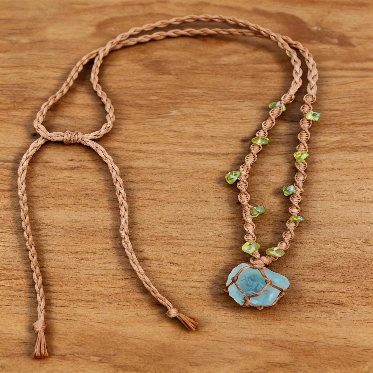 Handmade Raw Crystal Necklace Macrame Braided Net Wrapped Pendant Natural Blue Fluorite Healing Stone Boho Jewelry Adjustable Cord for Women Men Forest Fairycore Aesthetic