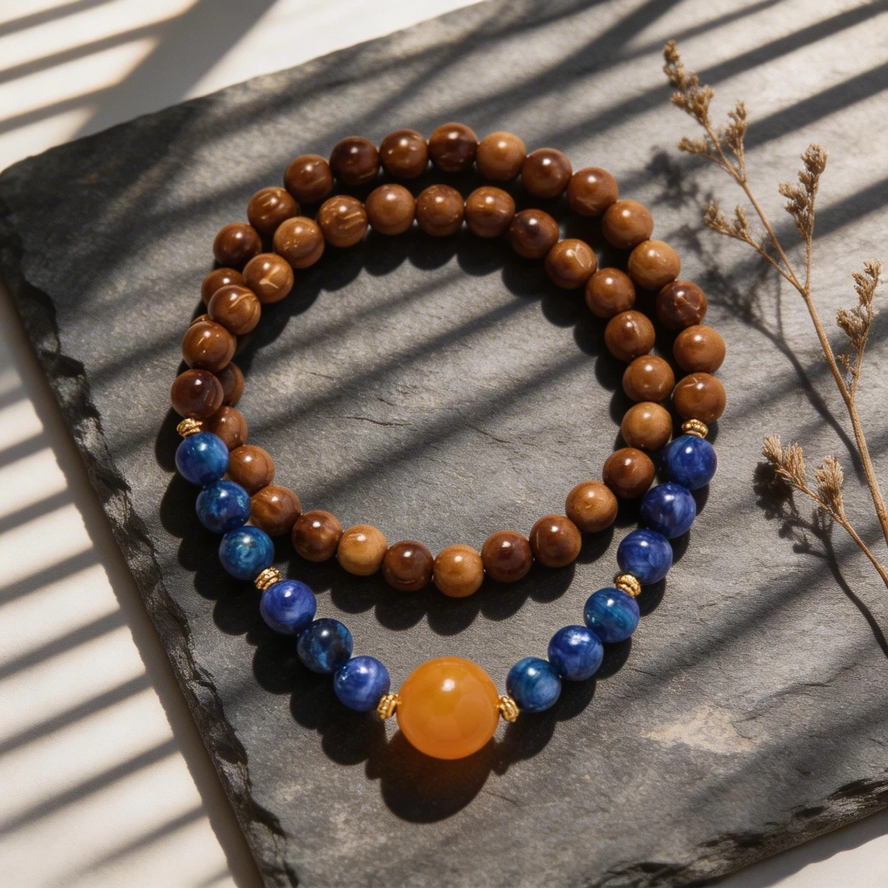 Natural 6mm Kyanite and Kuka Seed Double Wrap Bracelet for Women Men Amber Accent Gemstone Beaded Wristband Healing Meditation Yoga Spiritual Jewelry - Image 2