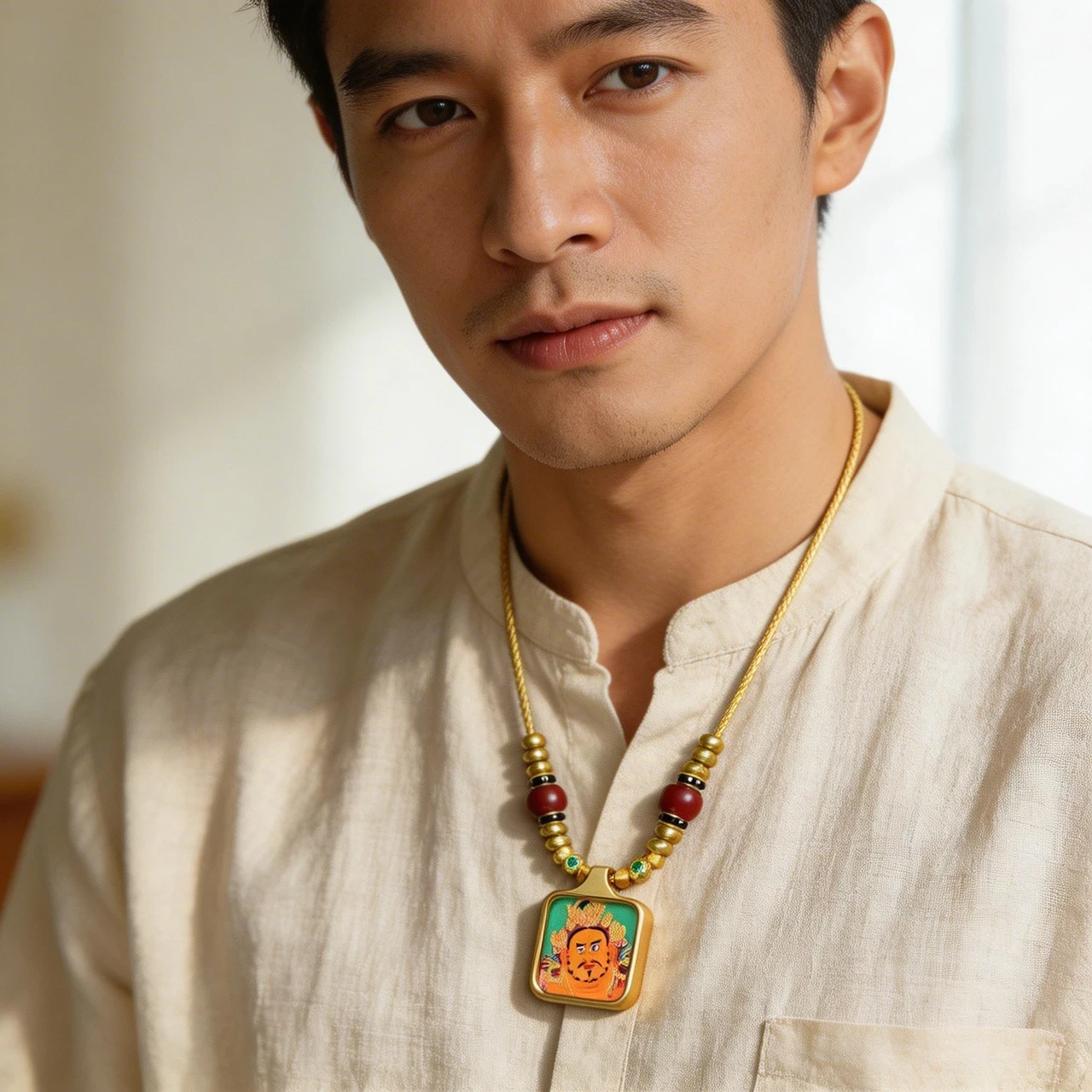 Tibetan Buddhist Necklace Thangka Pendant Yellow Dzambhala Wealth God Amulet Spiritual Protection Jewelry Vintage Ethnic Talisman with Braided Cord for Men Women Meditation Good Luck - Image 3