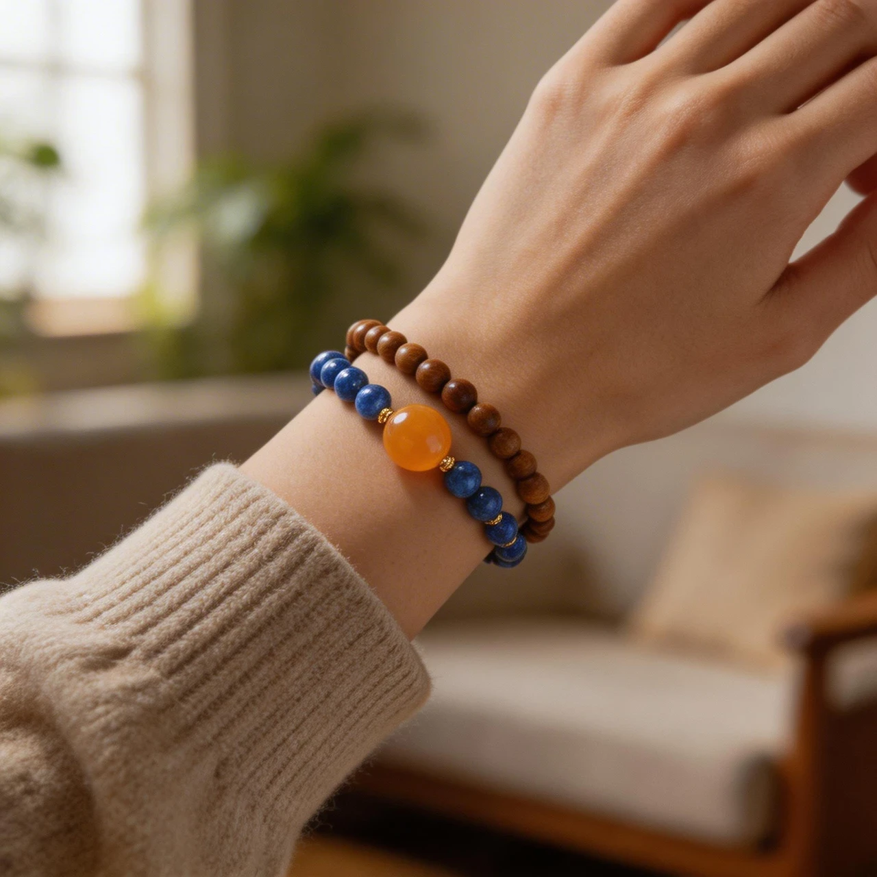 Natural 6mm Kyanite and Kuka Seed Double Wrap Bracelet for Women Men Amber Accent Gemstone Beaded Wristband Healing Meditation Yoga Spiritual Jewelry - Image 5