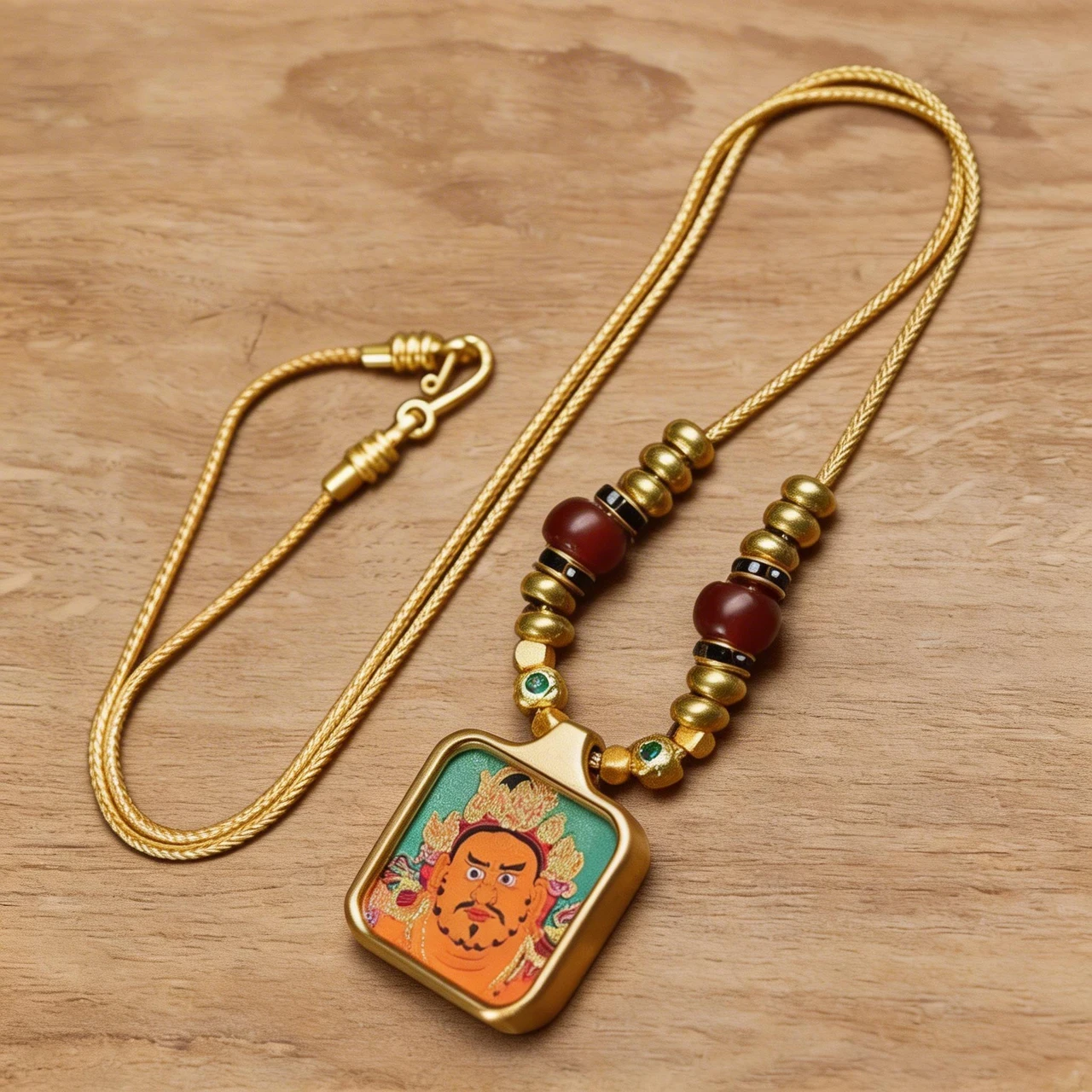 Tibetan Buddhist Necklace Thangka Pendant Yellow Dzambhala Wealth God Amulet Spiritual Protection Jewelry Vintage Ethnic Talisman with Braided Cord for Men Women Meditation Good Luck