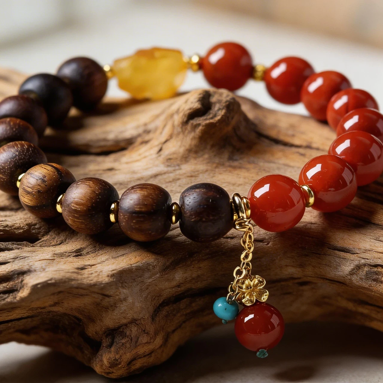Natural Red Agate and Agarwood Beaded Bracelet 10mm Two-Tone Gemstone Healing Crystal Wood Bead Bangle for Women Men Yoga Meditation Spiritual Protection Jewelry - Image 5