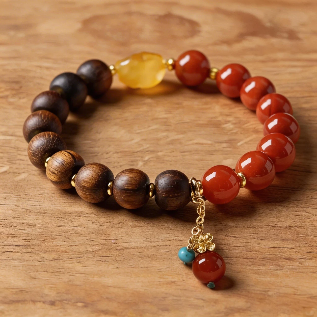 Natural Red Agate and Agarwood Beaded Bracelet 10mm Two-Tone Gemstone Healing Crystal Wood Bead Bangle for Women Men Yoga Meditation Spiritual Protection Jewelry