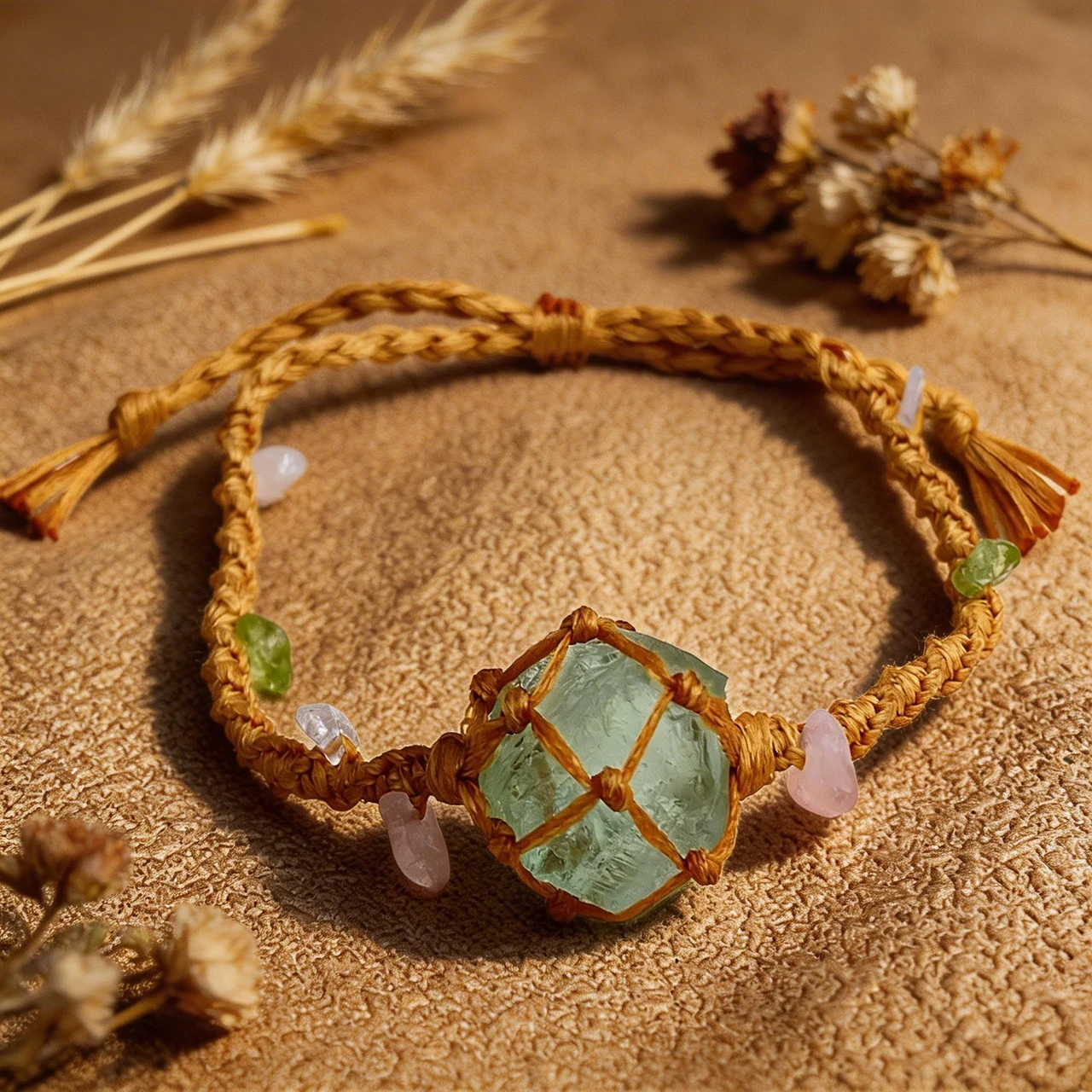 Handmade Natural Raw Fluorite Crystal Macrame Bracelet, Boho Hand Woven Net Healing Gemstone Rough Stone Braided Adjustable Rope Jewelry for Women Men - Image 5