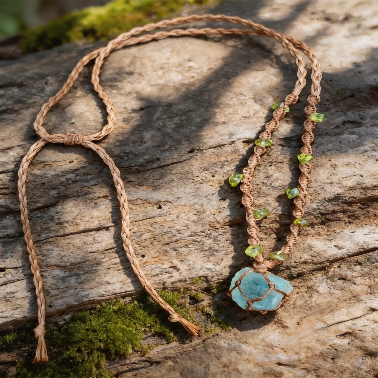 Handmade Raw Crystal Necklace Macrame Braided Net Wrapped Pendant Natural Blue Fluorite Healing Stone Boho Jewelry Adjustable Cord for Women Men Forest Fairycore Aesthetic - Image 2