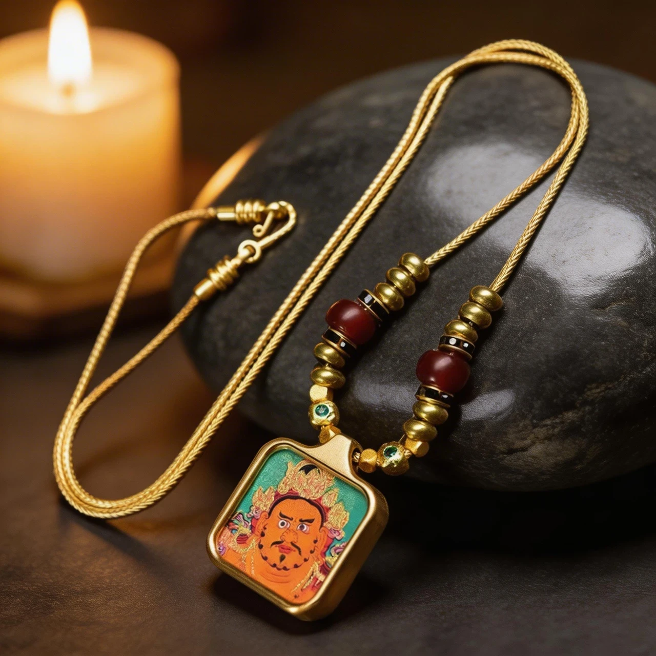 Tibetan Buddhist Necklace Thangka Pendant Yellow Dzambhala Wealth God Amulet Spiritual Protection Jewelry Vintage Ethnic Talisman with Braided Cord for Men Women Meditation Good Luck - Image 5