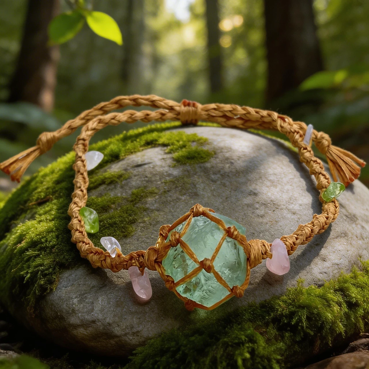 Handmade Natural Raw Fluorite Crystal Macrame Bracelet, Boho Hand Woven Net Healing Gemstone Rough Stone Braided Adjustable Rope Jewelry for Women Men - Image 3