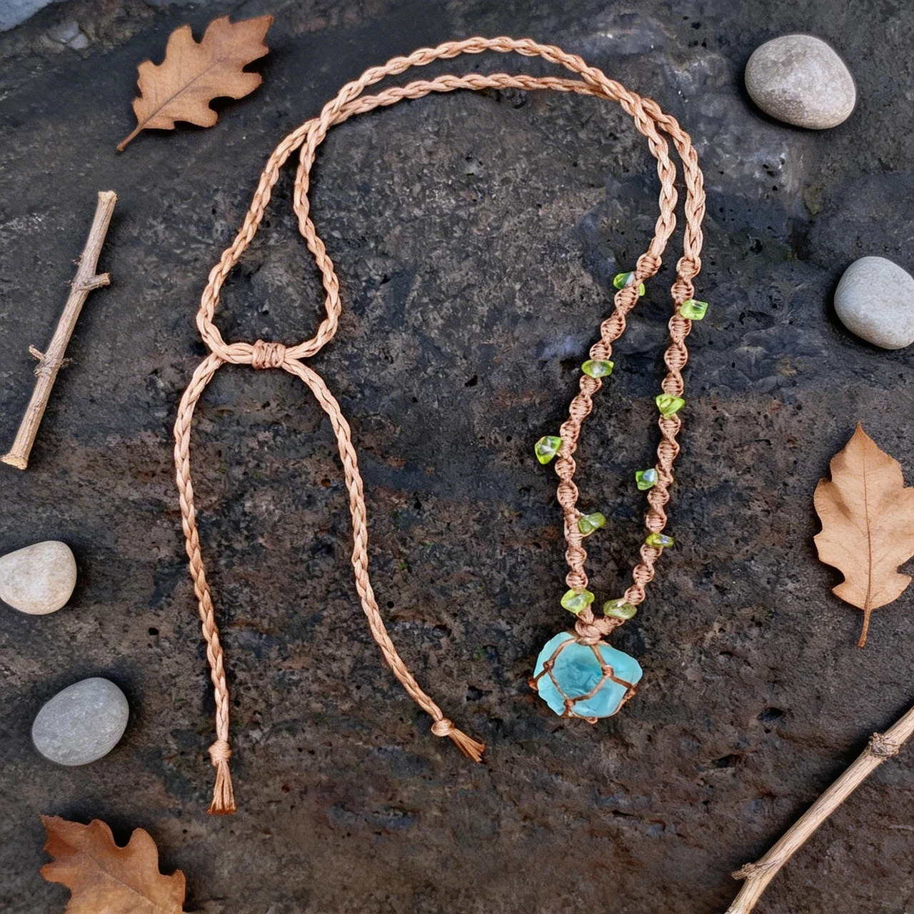 Handmade Raw Crystal Necklace Macrame Braided Net Wrapped Pendant Natural Blue Fluorite Healing Stone Boho Jewelry Adjustable Cord for Women Men Forest Fairycore Aesthetic - Image 4