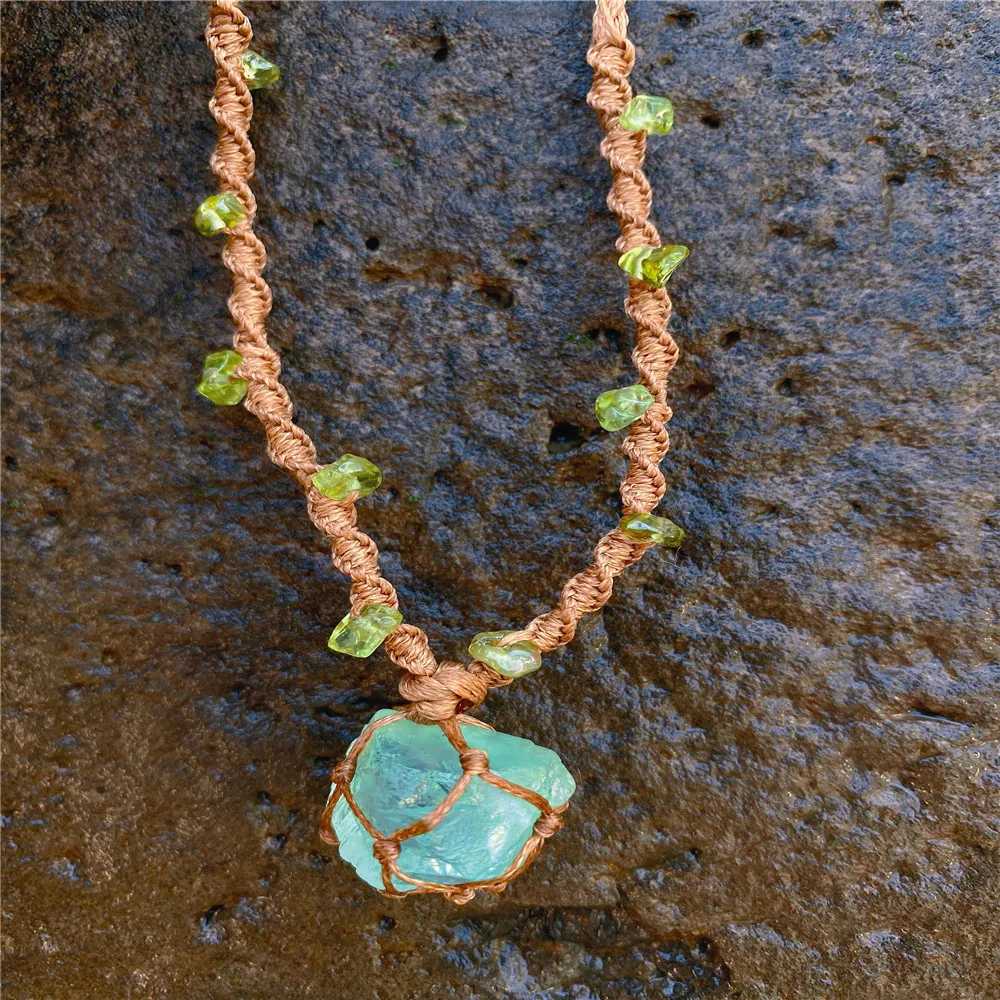 Handmade Raw Crystal Necklace Macrame Braided Net Wrapped Pendant Natural Blue Fluorite Healing Stone Boho Jewelry Adjustable Cord for Women Men Forest Fairycore Aesthetic - Image 3