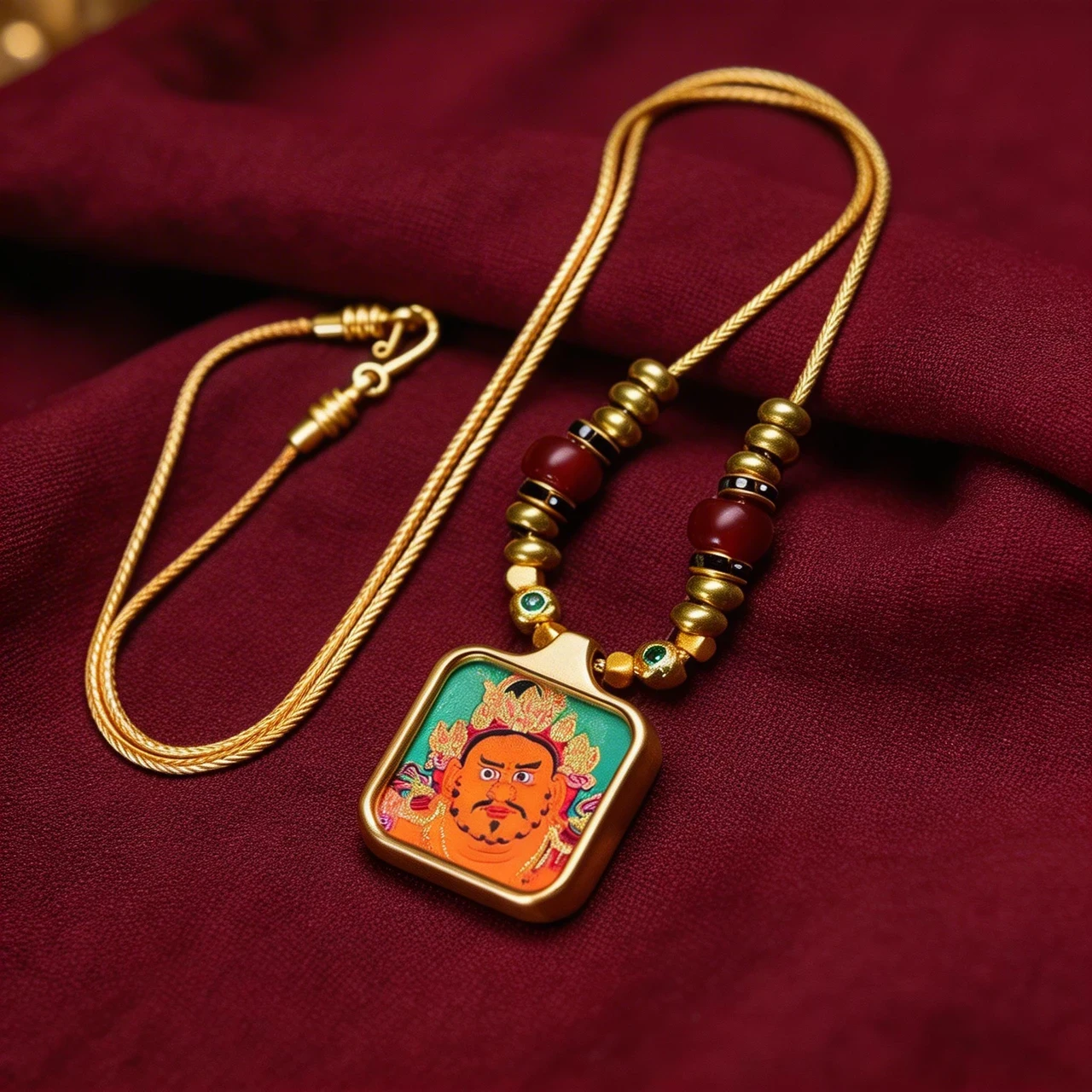 Tibetan Buddhist Necklace Thangka Pendant Yellow Dzambhala Wealth God Amulet Spiritual Protection Jewelry Vintage Ethnic Talisman with Braided Cord for Men Women Meditation Good Luck - Image 2