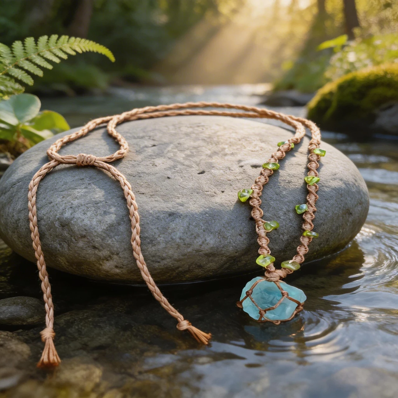 Handmade Raw Crystal Necklace Macrame Braided Net Wrapped Pendant Natural Blue Fluorite Healing Stone Boho Jewelry Adjustable Cord for Women Men Forest Fairycore Aesthetic - Image 5
