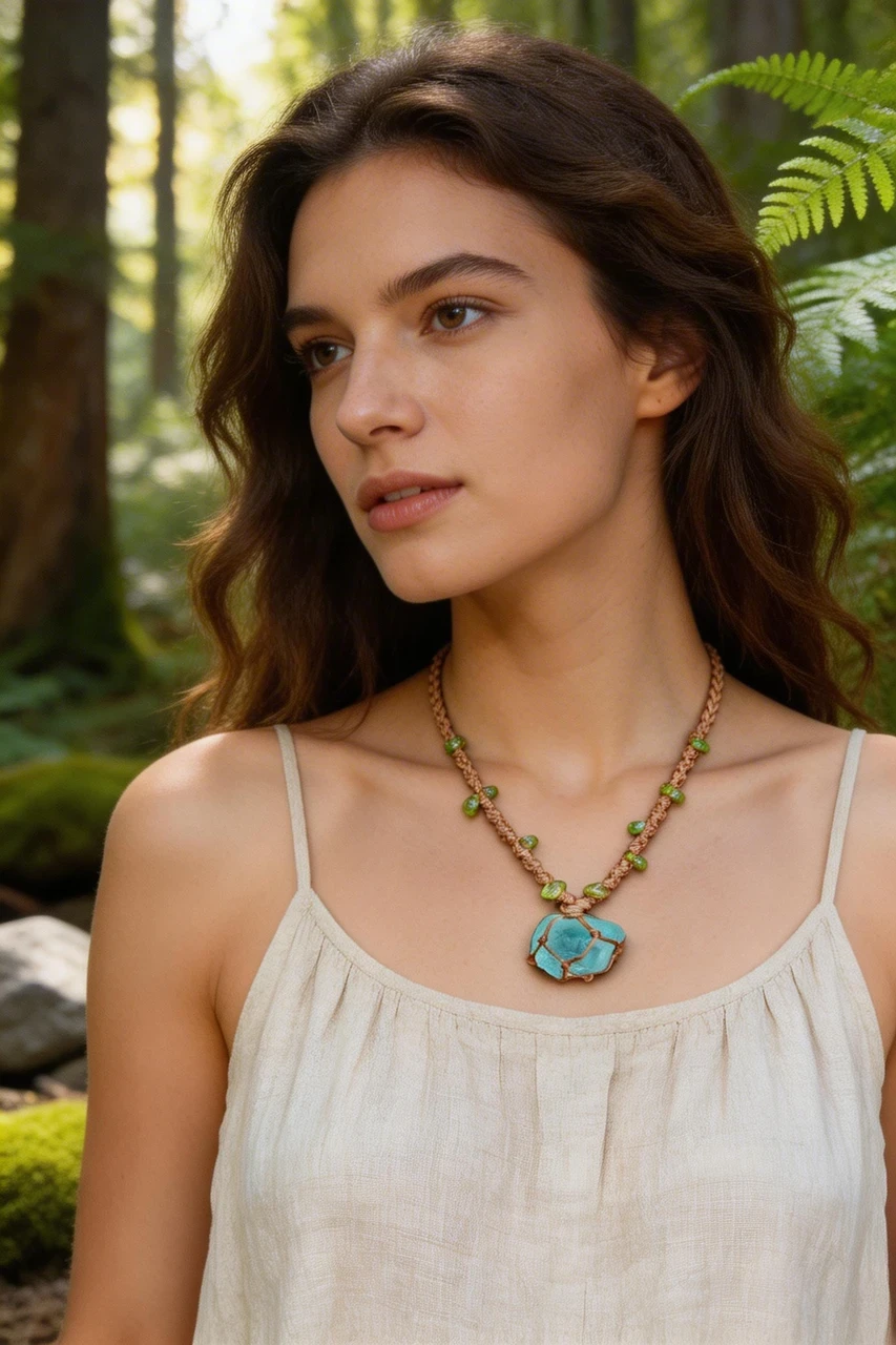 Handmade Raw Crystal Necklace Macrame Braided Net Wrapped Pendant Natural Blue Fluorite Healing Stone Boho Jewelry Adjustable Cord for Women Men Forest Fairycore Aesthetic - Image 6
