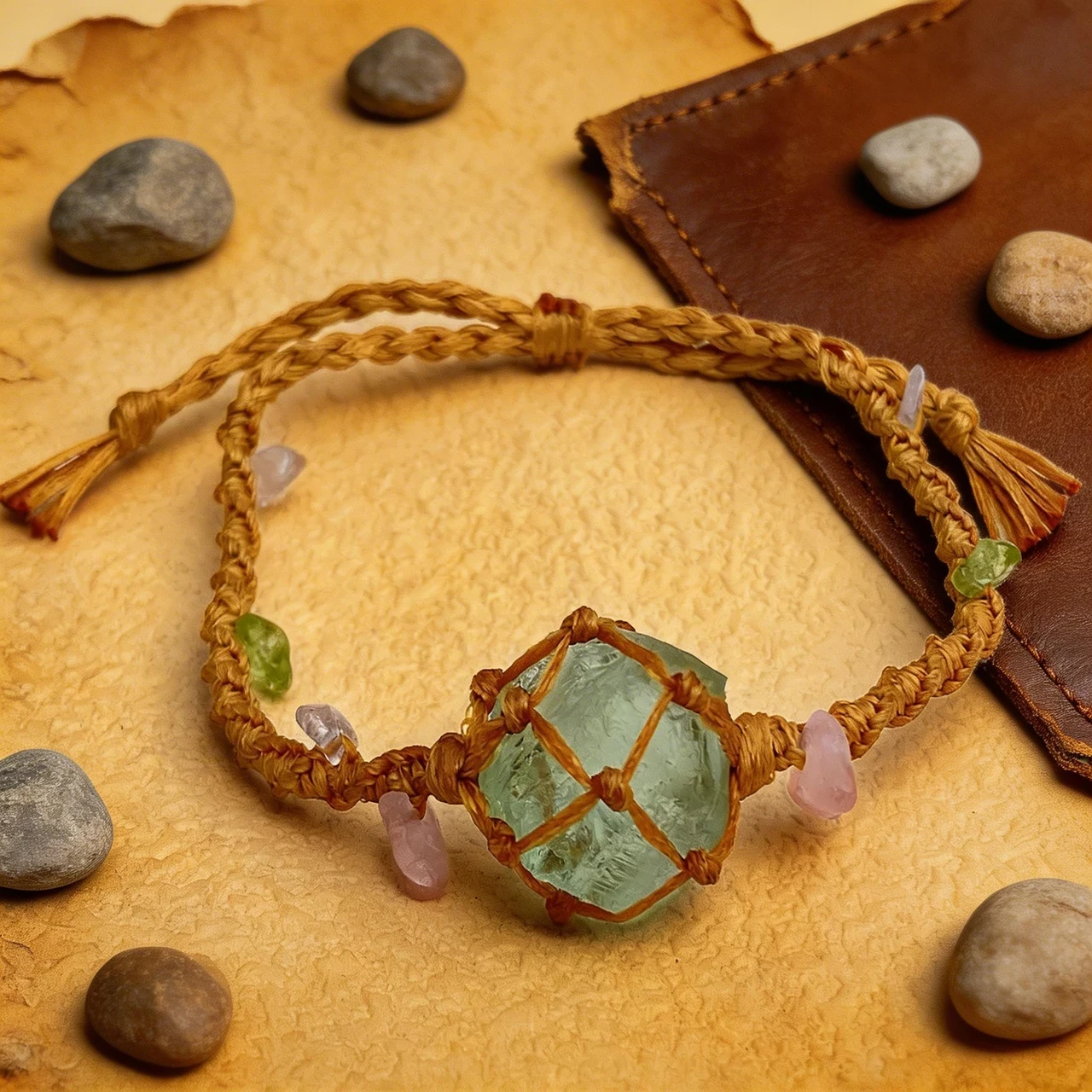 Handmade Natural Raw Fluorite Crystal Macrame Bracelet, Boho Hand Woven Net Healing Gemstone Rough Stone Braided Adjustable Rope Jewelry for Women Men - Image 6