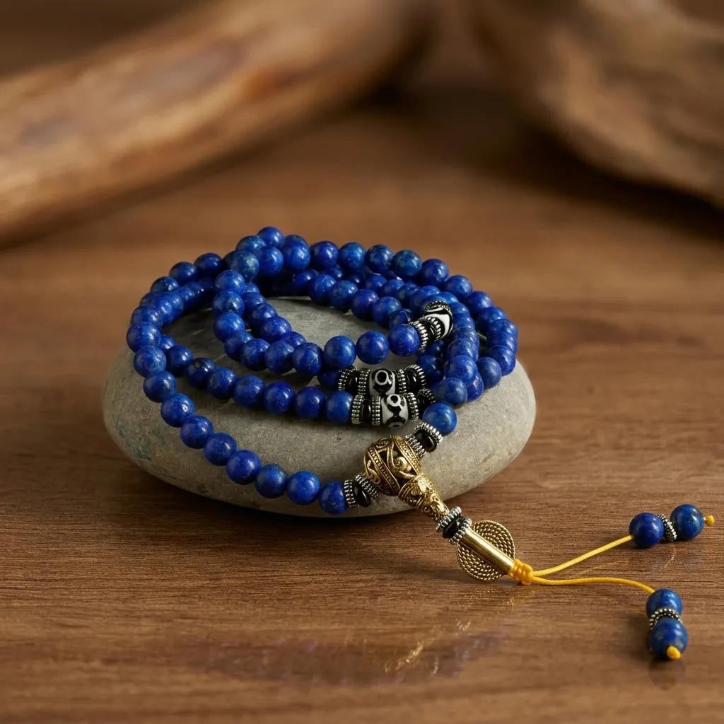 Authentic Lapis Lazuli 108 Mala Prayer Beads Necklace Handcrafted Tibetan Buddhist Meditation Yoga Jewelry with Dzi Bead Protection Amulet Healing Chakra Spiritual Gift for Men Women - Image 2
