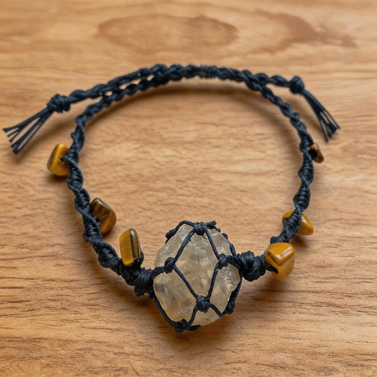 Handmade Raw Smoky Quartz Crystal Bracelet Natural Healing Stone Macrame Braided Net Pouch Adjustable Cord Vintage Boho Spiritual Jewelry for Women Men Meditation Gift
