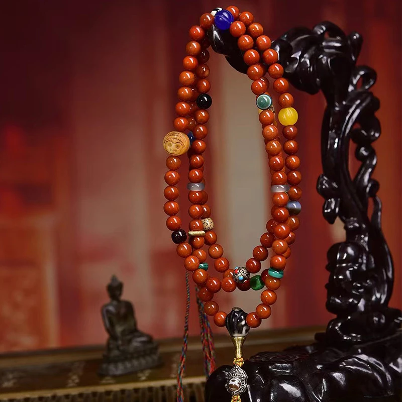 Natural Red Agate Mala Beads 8mm Tibetan Buddhist Prayer Rosary Necklace Vintage Spiritual Meditation Wrap Bracelet with Wealth Pendant - Image 5