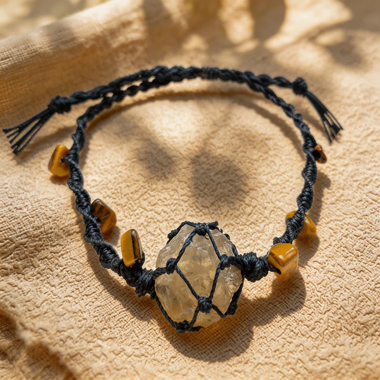 Handmade Raw Smoky Quartz Crystal Bracelet Natural Healing Stone Macrame Braided Net Pouch Adjustable Cord Vintage Boho Spiritual Jewelry for Women Men Meditation Gift - Image 5
