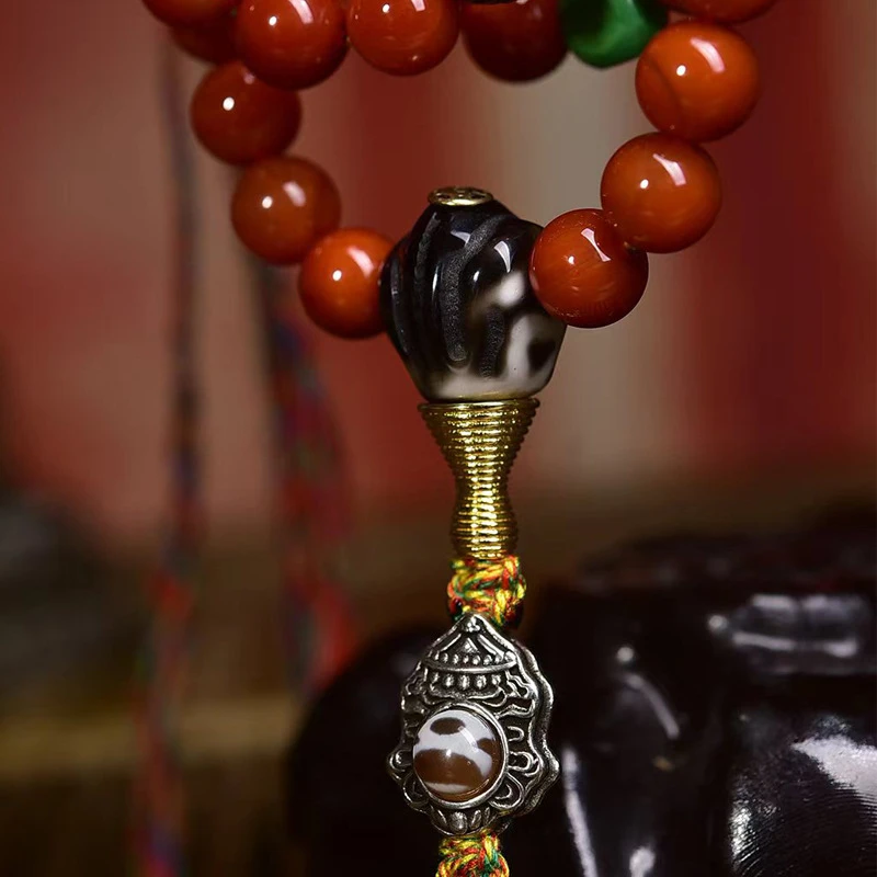 Natural Red Agate Mala Beads 8mm Tibetan Buddhist Prayer Rosary Necklace Vintage Spiritual Meditation Wrap Bracelet with Wealth Pendant - Image 4
