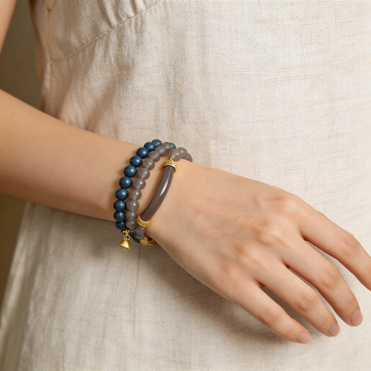 Pharmacist Lan Natural Ancient Method Blended Aromatic Bead Double Strand Bracelet with Agate Half Bangle - Image 5