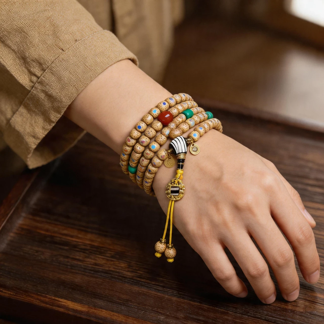 Natural Star Moon Bodhi Seed 108 Mala Beads Necklace Tibetan Buddhist Prayer Rosary Multi-Wrap Bracelet with Dzi Bead Turquoise Agate for Meditation Yoga Mindfulness 7.7x6.5mm