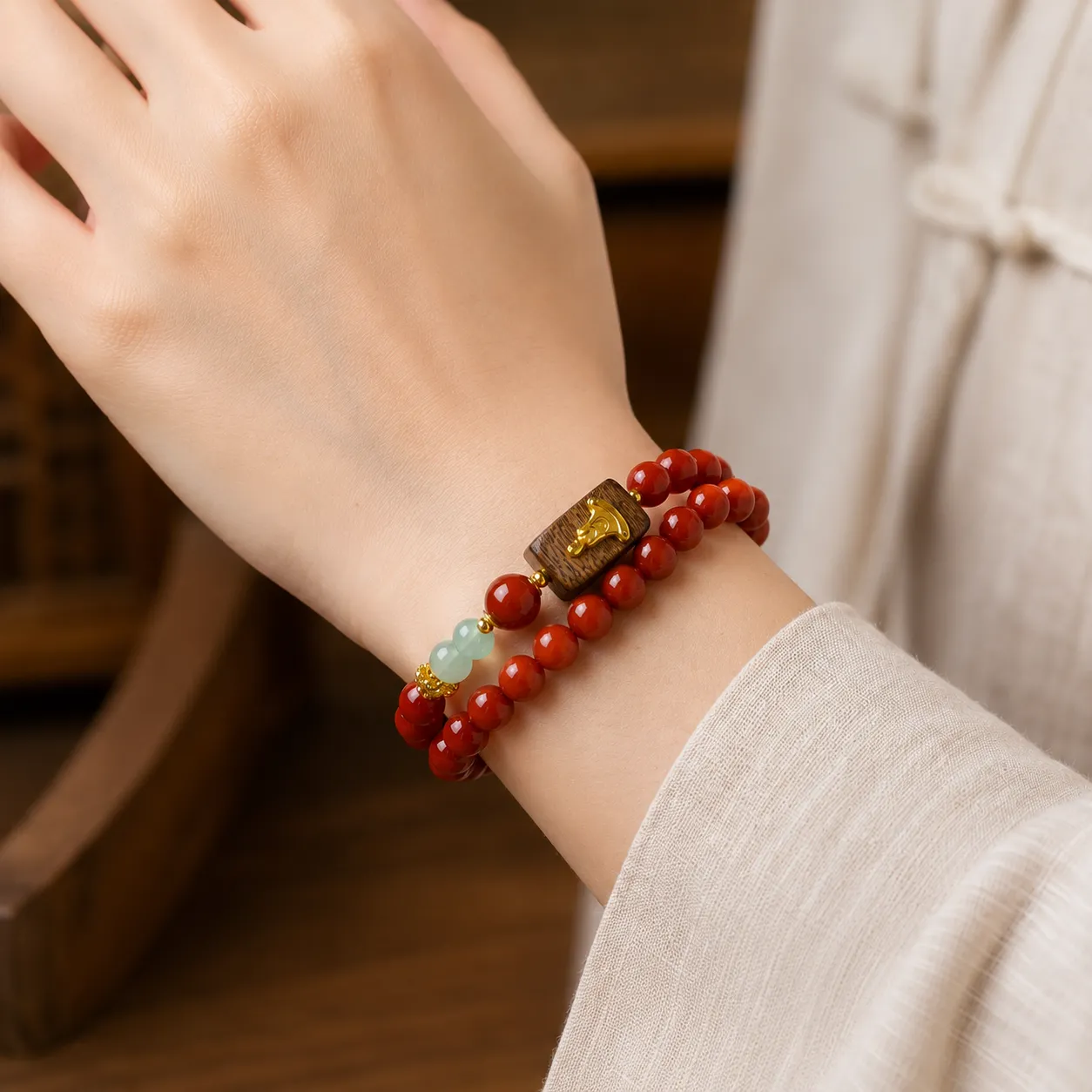 Wealth & Protection-Red Agate Bracelet, Buddhist Prayer Beads