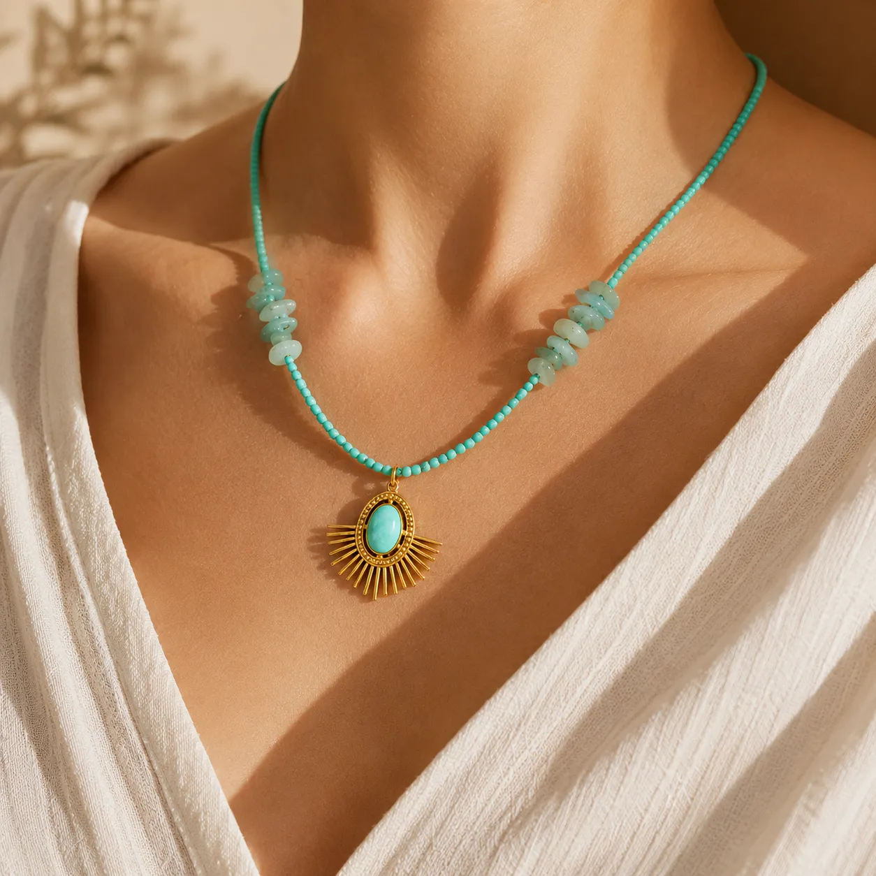 Grace & Blessings-Tibetan Sun Turquoise Pendant Necklace