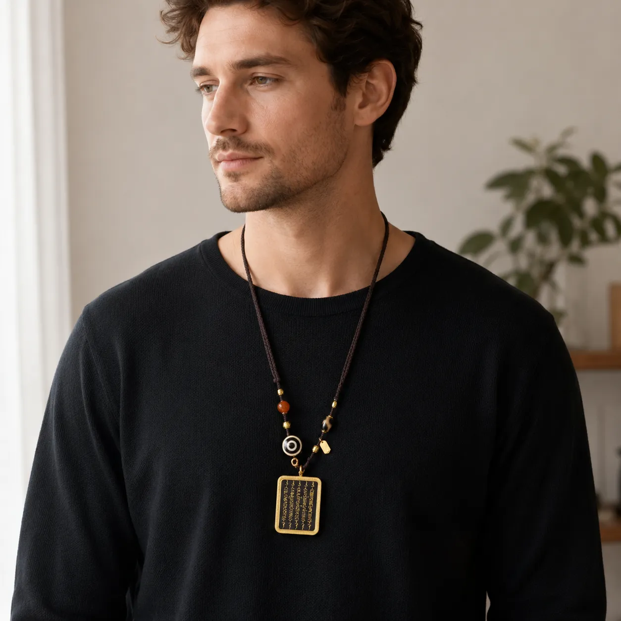 Tibetan Thangka Pendant Necklace for Men Women, Handmade Mandala Amulet with Five Lines Sutra, Black Gold Buddhist Protection Jewelry, Adjustable Braided Rope, Sacred Spiritual Gift for Meditation