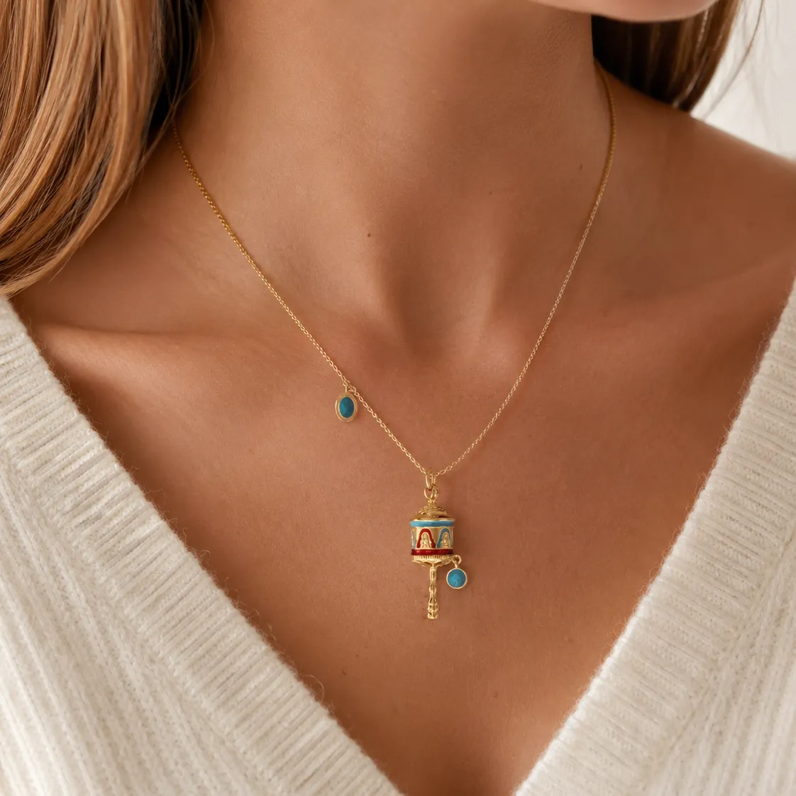 Grace & Blessings-Blue Enamel Prayer Wheel Necklace - Image 2