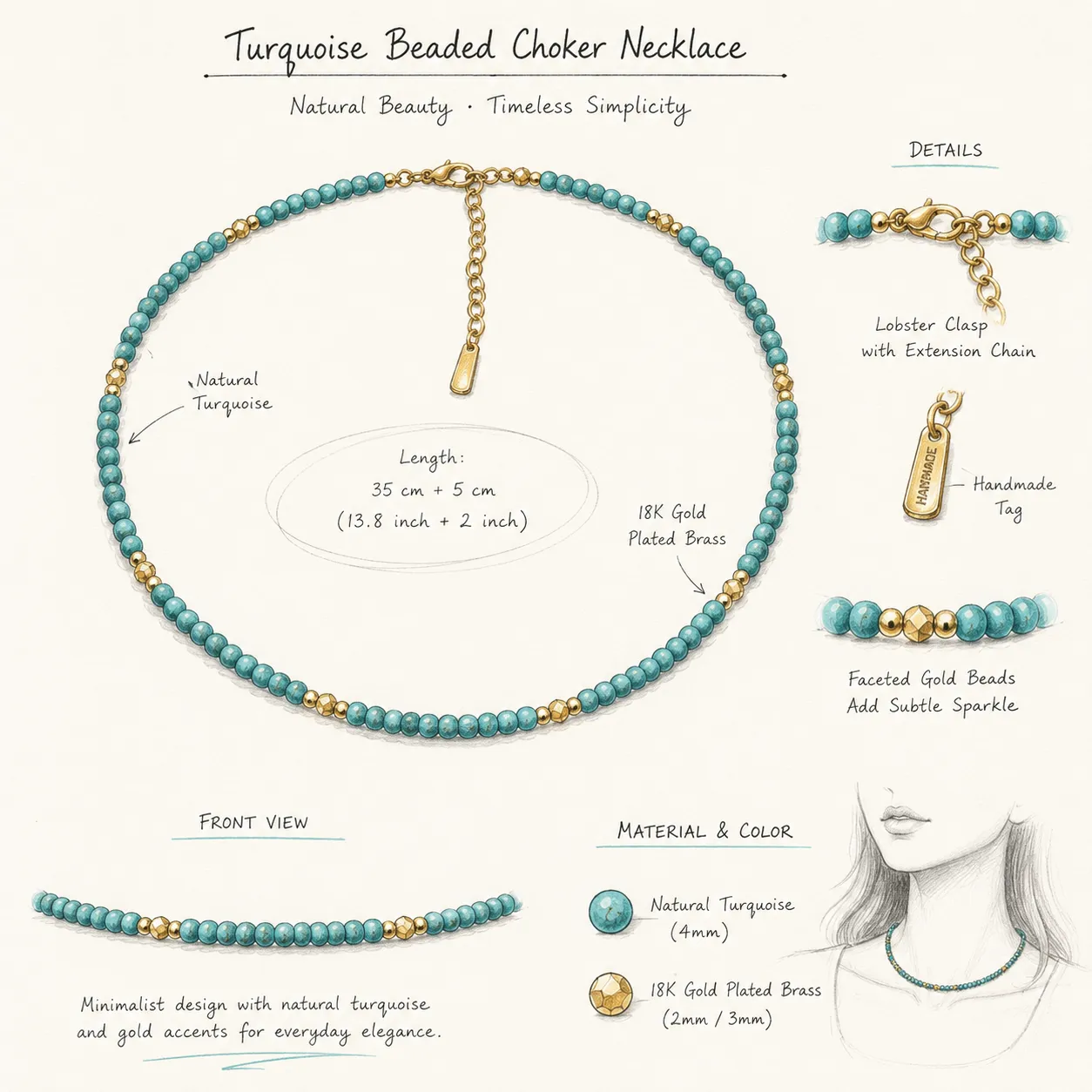Grace & Blessings-Simple Turquoise Beaded Clavicle Necklace - Image 5