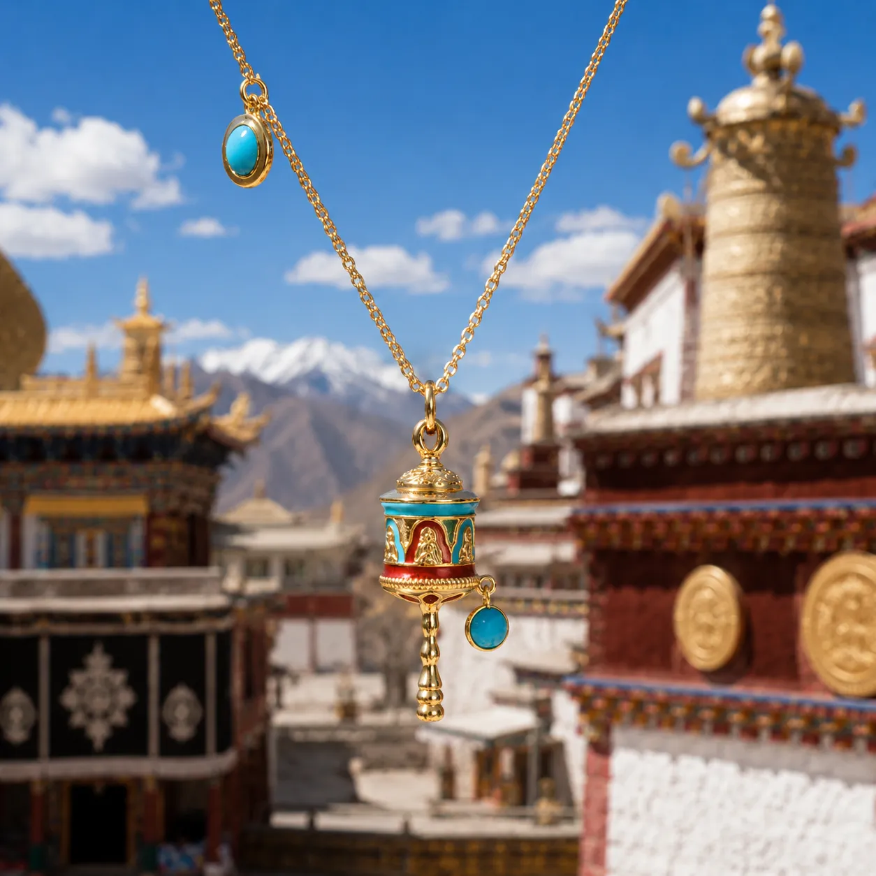 Grace & Blessings-Blue Enamel Prayer Wheel Necklace - Image 3