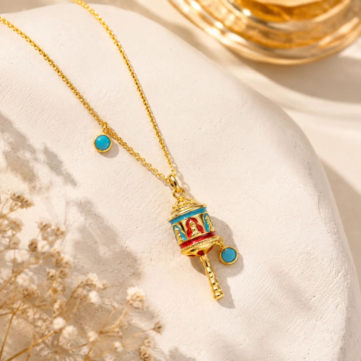 Grace & Blessings-Blue Enamel Prayer Wheel Necklace - Image 4