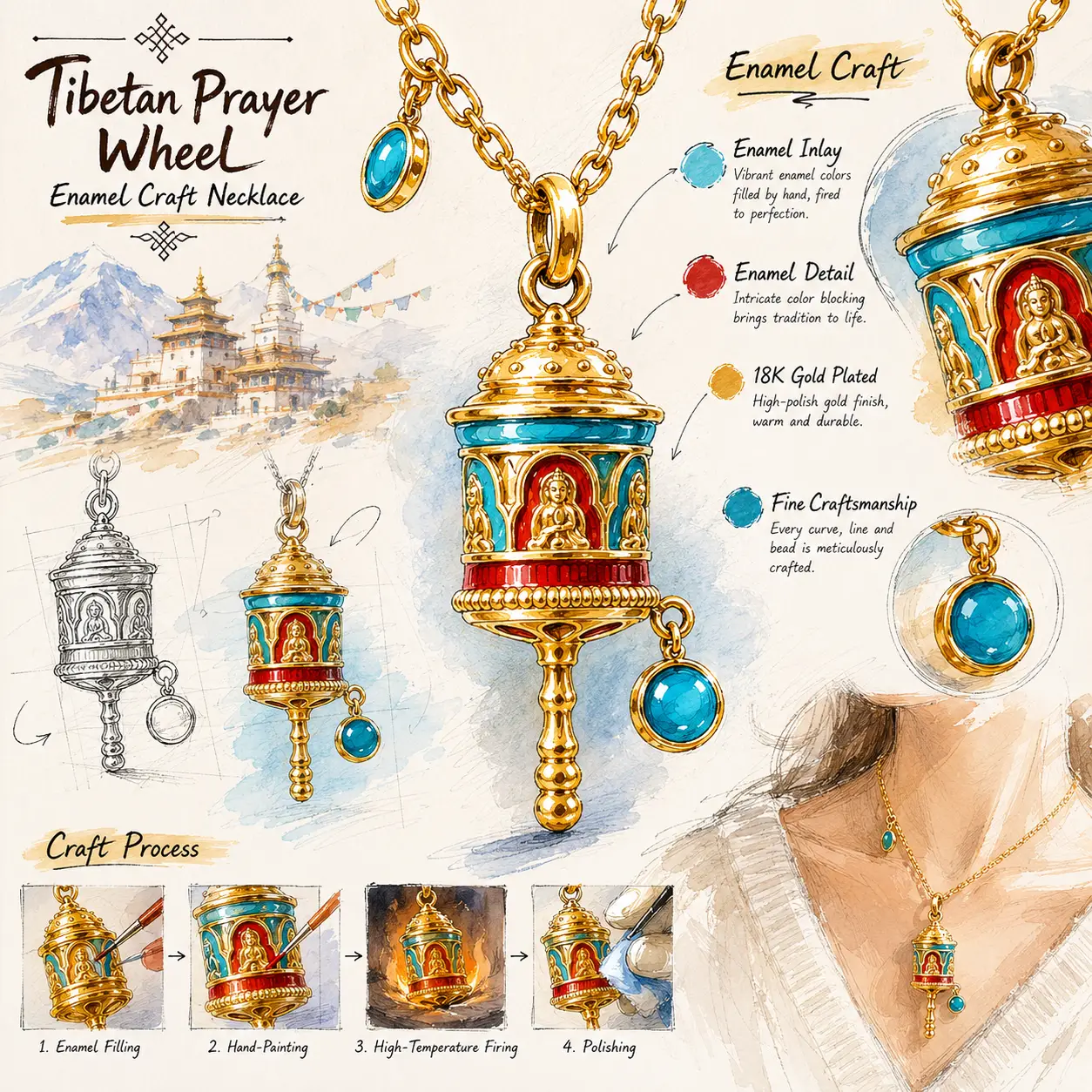 Grace & Blessings-Blue Enamel Prayer Wheel Necklace - Image 5